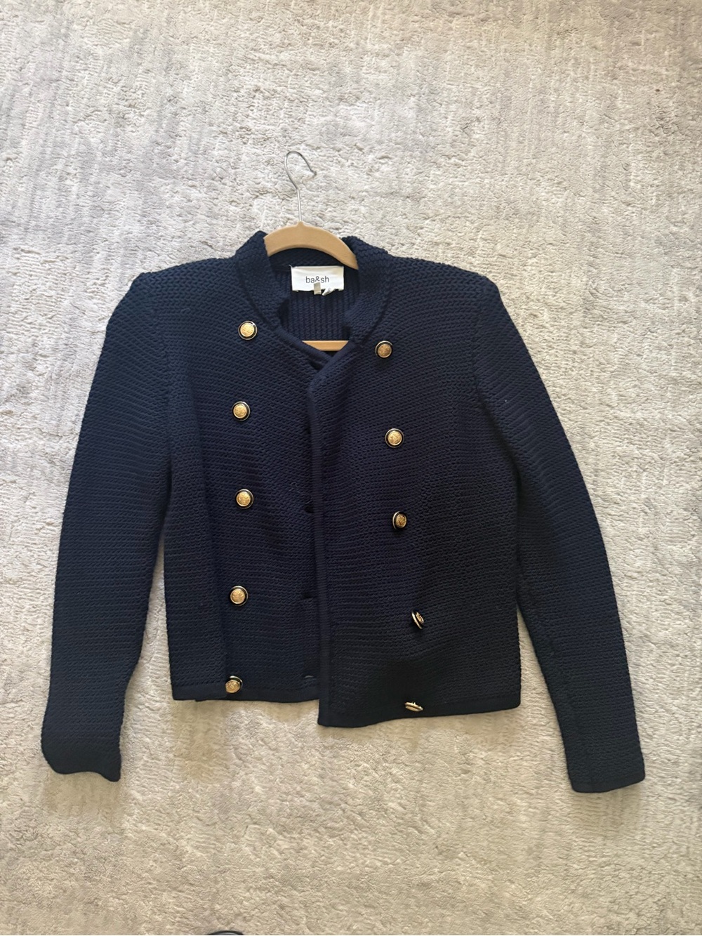ba&sh louman Navy Double-Breasted Knit Blazer cardigan with Gold Buttons